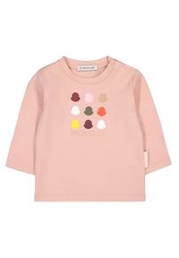 MONCLER KIDS - Różowa koszulka z nadrukami 0-2 lat. Kolor: fioletowy, różowy, wielokolorowy. Materiał: bawełna. Długość rękawa: długi rękaw. Długość: długie. Wzór: nadruk. Sezon: lato. Styl: klasyczny