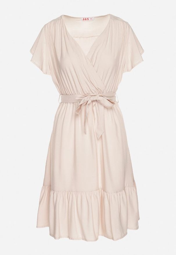 Born2be - Beżowa Wiskozowa Sukienka z Kopertowym Dekoltem i Paskiem Aurenelle. Okazja: na co dzień. Typ kołnierza: dekolt kopertowy. Kolor: beżowy. Materiał: wiskoza. Długość rękawa: krótki rękaw. Sezon: wiosna, lato. Typ sukienki: kopertowe. Styl: casual