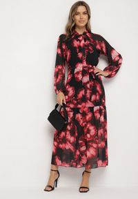 Born2be - Czerwono-Czarna Pudełkowa Sukienka w Kwiaty z Paskiem Nifle. Okazja: na co dzień. Kolor: czarny. Materiał: skóra. Wzór: kwiaty. Styl: casual, elegancki #3