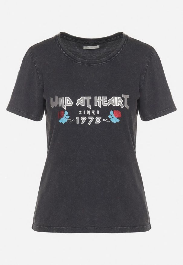 Born2be - Czarny Bawełniany T-shirt z Metalicznym Nadrukiem Savariae. Okazja: na co dzień. Kolor: czarny. Materiał: bawełna. Wzór: nadruk. Styl: elegancki, casual
