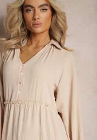 Renee - Beżowa Rozkloszowana Sukienka Maxi z Falbankami i Kołnierzykiem Rehtima. Typ kołnierza: kołnierz z falbankami. Kolor: beżowy. Długość: maxi #5