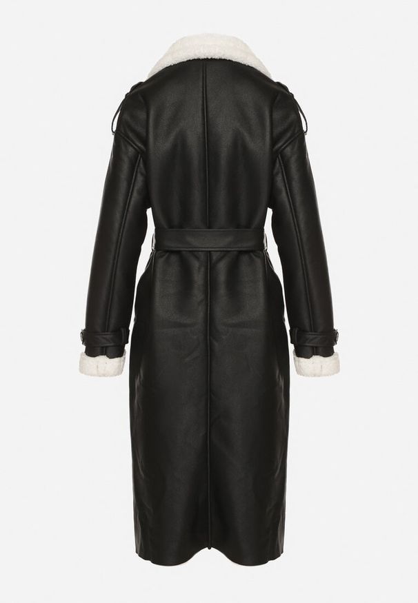 Born2be - Czarny Dwurzędowy Płaszcz z Imitacji Skóry z Wiązanym Paskiem i Futrem Guritte. Okazja: na co dzień. Typ kołnierza: golf. Kolor: czarny. Materiał: futro, skóra. Długość rękawa: długi rękaw. Długość: długie. Styl: casual, klasyczny, elegancki