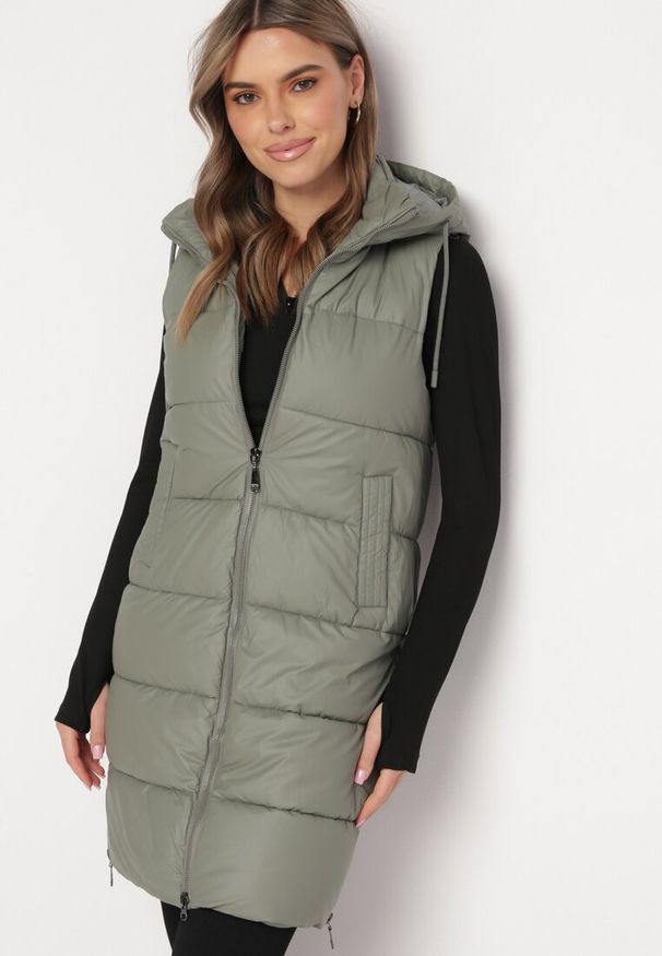 Born2be - Szara Kamizelka Pikowana o Długim Fasonie z Kapturem Prassa. Typ kołnierza: kaptur. Kolor: szary. Długość: długie