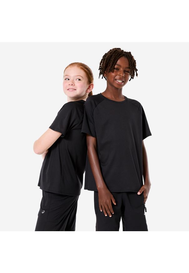 Decathlon - Koszulka dziecięca. Kolor: czarny. Materiał: poliester, materiał. Sport: joga i pilates