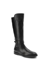 TOMMY HILFIGER - Czarne Kozaki Damskie Tommy Hilfiger Eleganckie Skórzane Buty. Kolor: czarny. Materiał: skóra. Szerokość cholewki: normalna. Wzór: aplikacja. Obcas: na obcasie. Styl: elegancki. Wysokość obcasa: niski