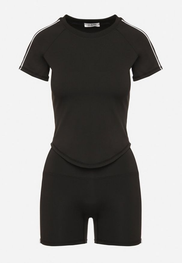 Born2be - Czarny Komplet Sportowy T-shirt i Szorty z Ozdobnym Lampasem Zorettia. Kolor: czarny. Materiał: jeans