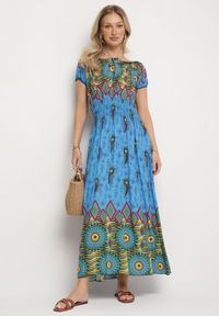 Born2be - Niebieska Bawełniana Sukienka w Etno Wzór z Gumką w Talii i Hiszpańskim Dekoltem Orose. Okazja: na co dzień. Kolor: niebieski. Materiał: bawełna. Wzór: aplikacja. Typ sukienki: proste. Styl: etno. Długość: maxi #5