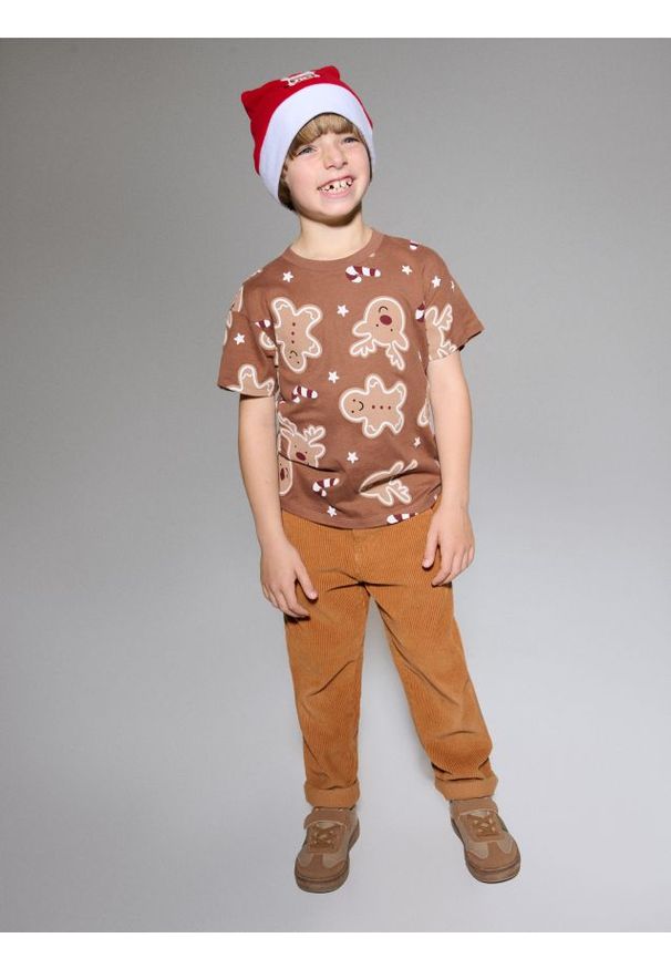 Sinsay - Bawełniana koszulka ze wzorem świątecznym - brązowy. Kolor: brązowy. Materiał: bawełna. Styl: wizytowy