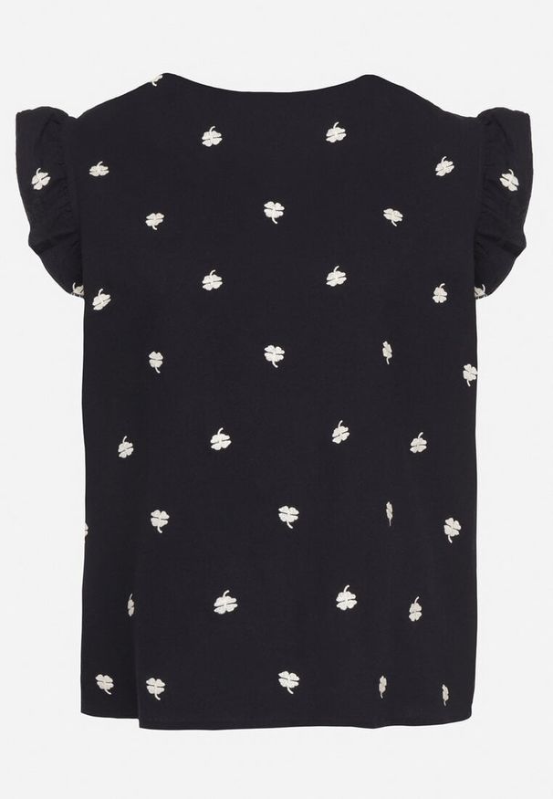 Born2be - Granatowa Bluzka z Bawełny Ozdobiona Falbankami i Koniczynkami Dolassea. Okazja: na co dzień, na spacer. Typ kołnierza: kołnierz z falbankami. Kolor: niebieski. Materiał: bawełna. Długość rękawa: krótki rękaw. Długość: krótkie. Wzór: aplikacja. Styl: casual, elegancki