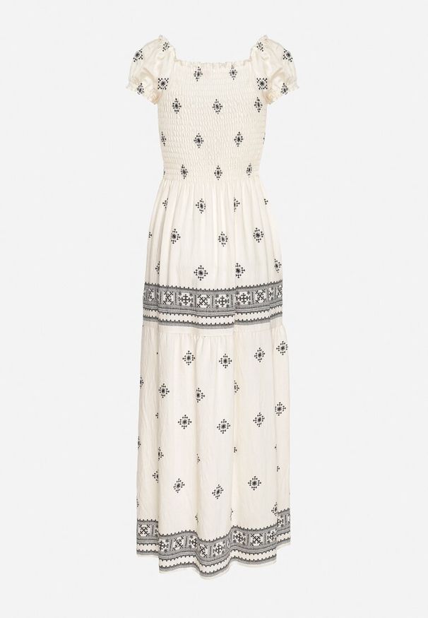 Born2be - Jasnobeżowa Sukienka z Wiskozy ze Wzorem Boho Ellirose. Okazja: na co dzień. Kolor: beżowy. Materiał: wiskoza. Wzór: aplikacja. Sezon: wiosna. Styl: boho