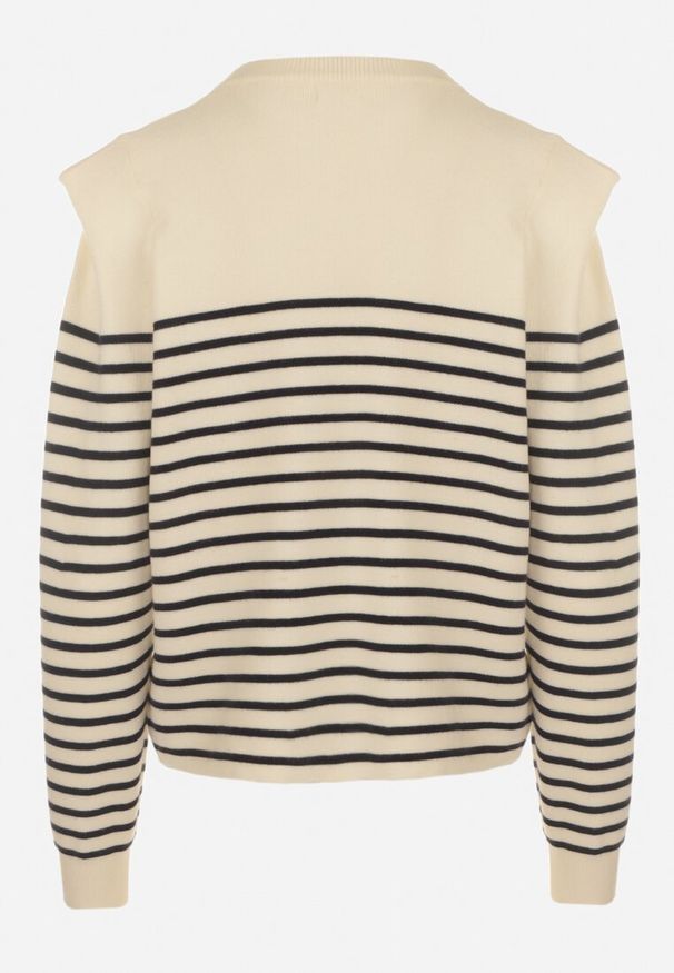 Born2be - Beżowo-Granatowy Sweter w Cienkie Paskiz Poduszkami na Ramionach Gefonde. Kolor: beżowy. Wzór: paski