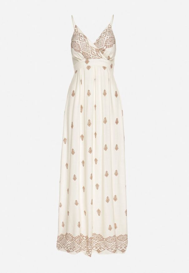 Born2be - Kremowo-Beżowa Bawełniana Sukienka Rozkloszowana z Kopertowym Dekoltem i Wiązaniem Revevra. Okazja: na randkę, na co dzień. Typ kołnierza: dekolt kopertowy. Kolor: beżowy. Materiał: bawełna. Długość rękawa: na ramiączkach. Typ sukienki: kopertowe. Styl: casual