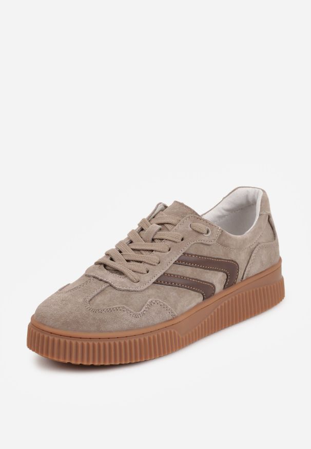 Born2be - Beżowe Zamszowe Sneakersy w Stylu Kultowych Tenisówek ze Skórzaną Wkładką Berosele. Okazja: na co dzień. Kolor: beżowy. Materiał: skóra, zamsz