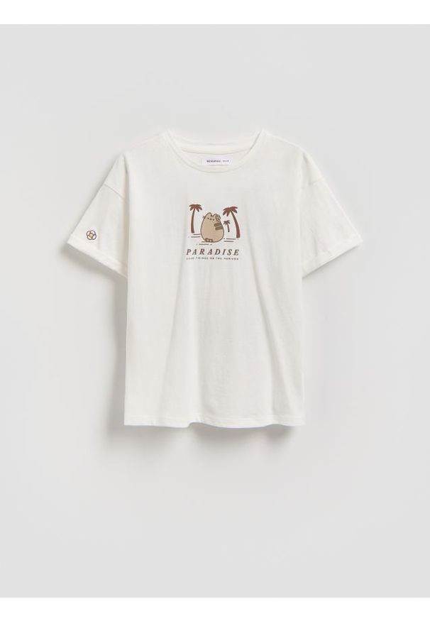 Reserved - T-shirt z nadrukiem na plecach Pusheen - złamana biel. Materiał: bawełna. Wzór: nadruk