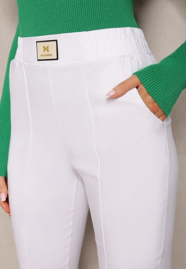 Renee - Białe Spodnie High Waist z Elastycznego Materiału Wykończone Gumką Rigadona. Stan: podwyższony. Kolor: biały. Materiał: materiał. Styl: elegancki