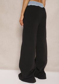 Renee - Czarno-Niebieskie Spodnie z Bawełną o Szerokim Kroju High Waist Ozdobione Sznurkami Annoriel. Okazja: na co dzień. Stan: podwyższony. Kolor: czarny. Materiał: bawełna. Długość: krótkie. Wzór: aplikacja. Styl: casual, elegancki