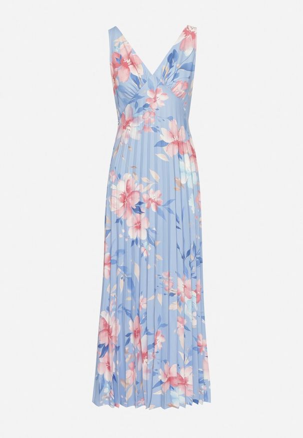 Born2be - Niebieska Sukienka o Rozkloszowanym Kroju z Plisami i Dekoltem w Serek Nitolina. Okazja: na co dzień, na spacer. Typ kołnierza: dekolt w serek. Kolor: niebieski. Materiał: jeans. Długość rękawa: na ramiączkach. Typ sukienki: rozkloszowane. Styl: casual