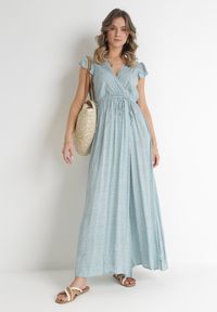 Born2be - Miętowa Sukienka Jophiel. Kolor: miętowy. Materiał: materiał. Wzór: kwiaty, nadruk. Typ sukienki: kopertowe. Długość: maxi #6