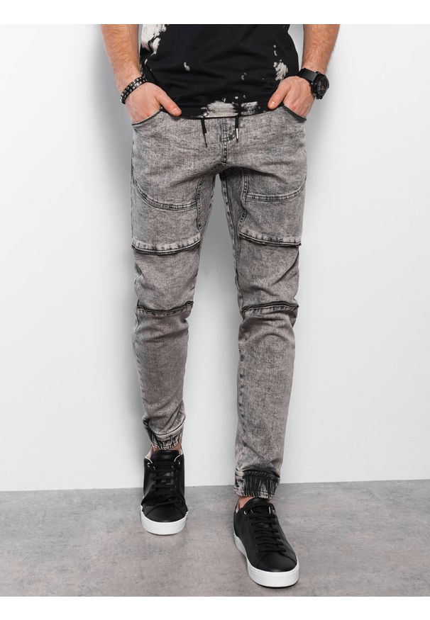 Ombre Clothing - Spodnie męskie marmurkowe JOGGERY z ozdobnymi przeszyciami - szare V4 - Rozmiar: L. Kolor: szary. Materiał: elastan, bawełna, jeans