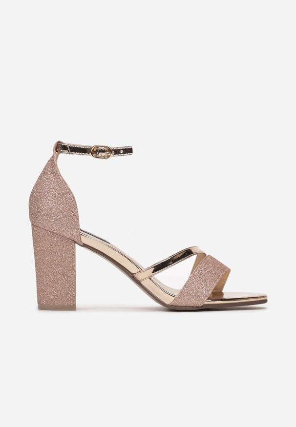 Renee - Szampańskie Sandały Shegana. Okazja: na imprezę. Zapięcie: pasek. Kolor: złoty. Wzór: aplikacja. Obcas: na obcasie. Wysokość obcasa: średni
