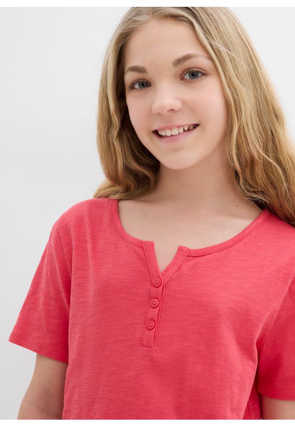 bonprix - Shirt z dekoltem henley, z czystej bawełny organicznej. Typ kołnierza: typu henley. Kolor: różowy. Materiał: bawełna. Wzór: gładki