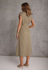 Renee - Zielona Sukienka na Guziki z Gorsetowym Panelem z Klamrami w Talii Frose. Typ kołnierza: dekolt gorset. Kolor: zielony. Typ sukienki: gorsetowe. Długość: midi #2