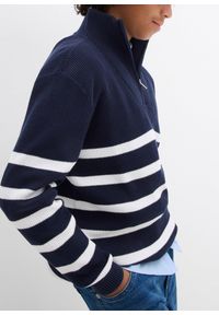 bonprix - Sweter ze stójką z czystej bawełny. Typ kołnierza: kołnierzyk stójkowy. Kolor: niebieski. Materiał: bawełna. Wzór: paski #2