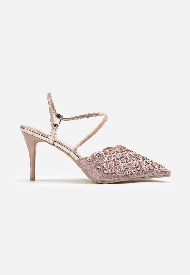 Renee - Szampańskie Sandały na Szpilce Slingback z Cyrkoniami Dimte. Okazja: na co dzień. Kolor: złoty. Wzór: aplikacja. Obcas: na szpilce. Styl: wizytowy, elegancki, casual. Wysokość obcasa: wysoki