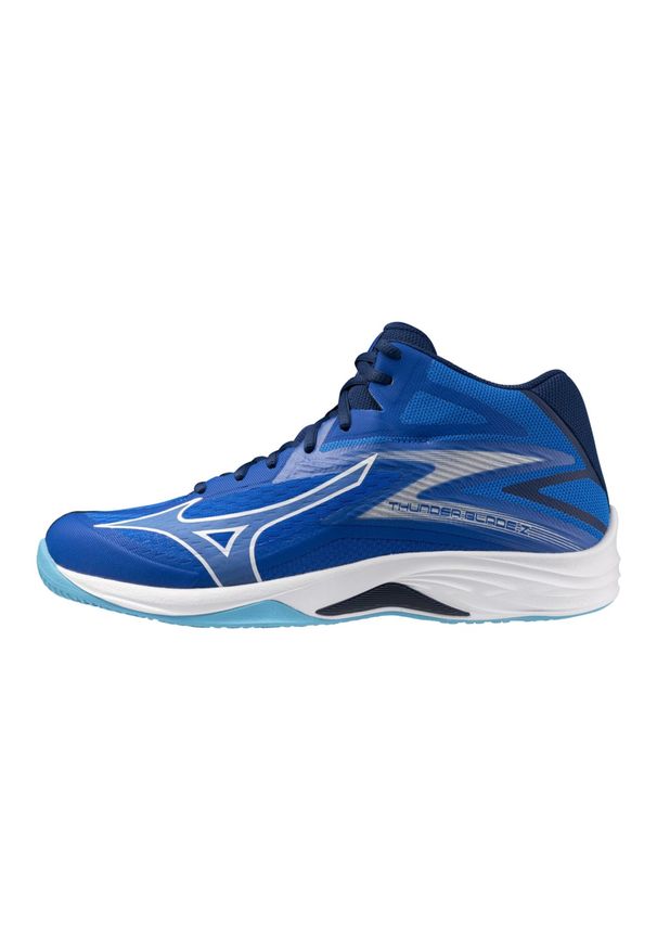 Buty halowe Mizuno Thunder Blade Z Mid. Kolor: niebieski, biały, wielokolorowy. Materiał: syntetyk, materiał. Sport: piłka ręczna