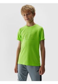 4f - Koszulka sportowa szybkoschnąca chłopięca. Kolor: zielony. Materiał: włókno, skóra. Wzór: nadruk