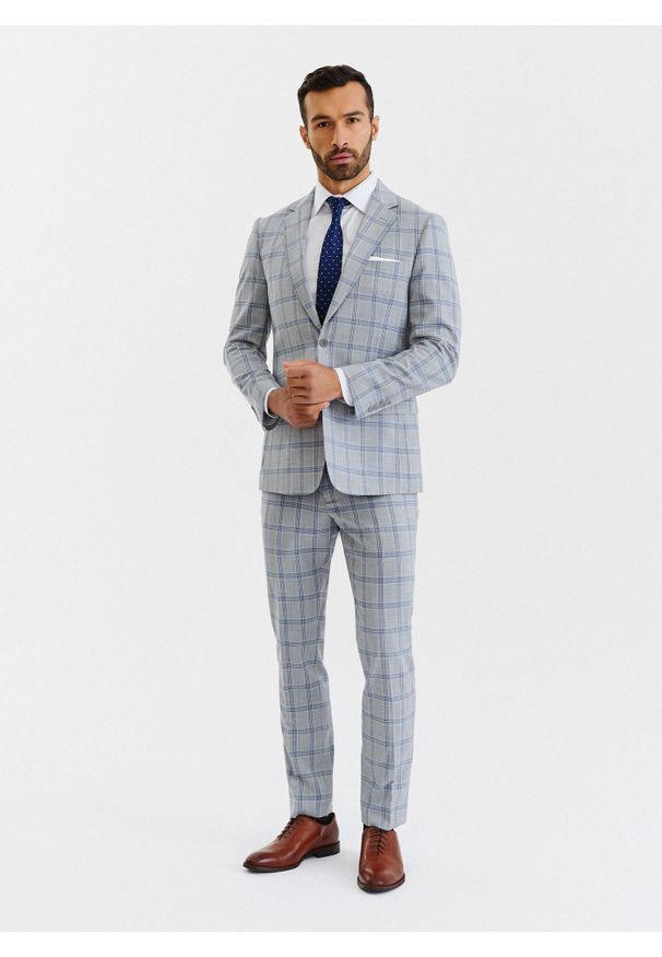 Pako Lorente - PAKO LORENTE – Szare spodnie garniturowe w niebiesko-białą kratę. Kolor: szary, niebieski, wielokolorowy, biały. Materiał: poliester, wiskoza, elastan