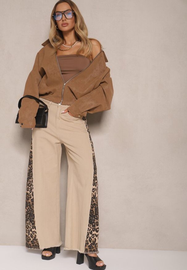 Renee - Beżowe Jeansy z Bawełny High Waist ze Wzorem Panterki Velliane. Okazja: na co dzień. Stan: podwyższony. Kolor: beżowy. Wzór: motyw zwierzęcy. Styl: casual