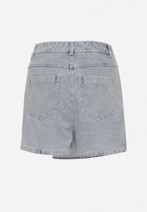 Born2be - Jasnoniebieskie Jeansowe Spódnico-Szorty o Asymetrycznym Kroju z Ozdobnymi Przeszyciami Lisarennea. Okazja: na co dzień. Kolor: niebieski. Materiał: jeans. Styl: sportowy, elegancki, casual