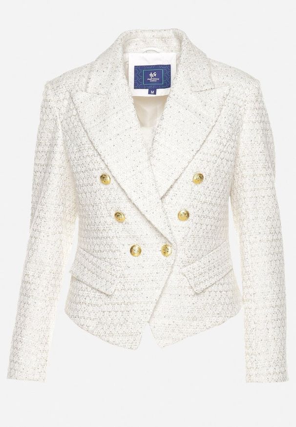 Born2be - Jasnobeżowa Dwurzędowa Marynarka Taliowana w Tweedowym Stylu z Imitacją Kieszeni Liolia. Okazja: na co dzień. Kolor: beżowy. Styl: casual, elegancki