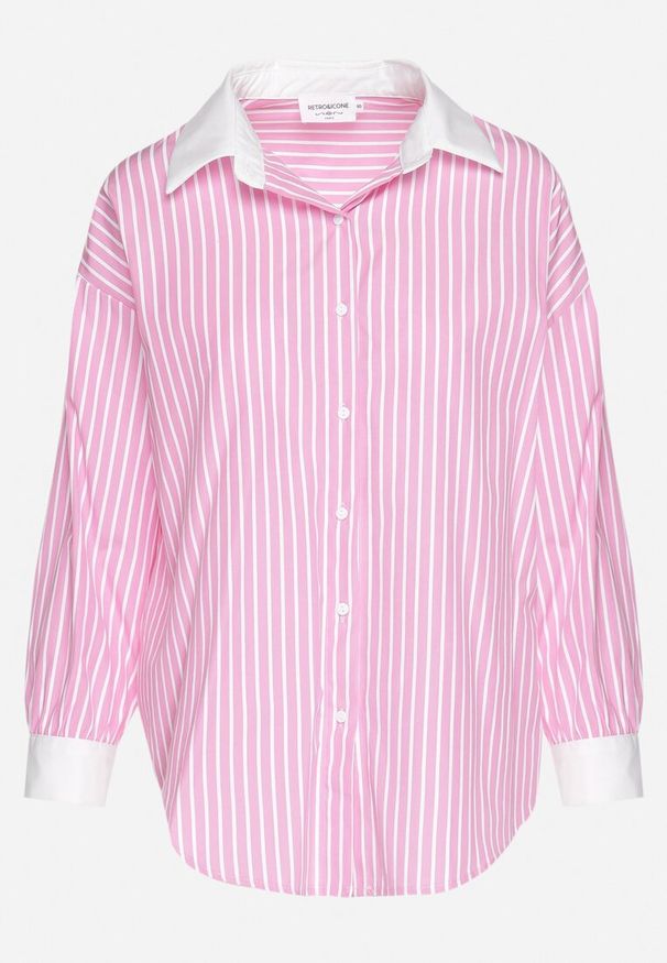 Born2be - Różowa Koszula w Paski o Kroju Oversize z Kontrastującymi Wstawkami Menestra. Okazja: na co dzień. Typ kołnierza: kołnierzyk klasyczny. Kolor: różowy. Materiał: jeans. Długość rękawa: długi rękaw. Długość: długie. Wzór: paski. Styl: casual, elegancki, klasyczny