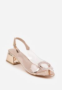 Born2be - Szampańskie Transparentne Sandały VICES na Obcasie z Klamerką z Cyrkoniami na Nosku Penriane. Okazja: na co dzień. Kolor: złoty. Materiał: jeans, satyna. Wzór: aplikacja. Obcas: na obcasie. Styl: glamour, casual, elegancki. Wysokość obcasa: średni #4