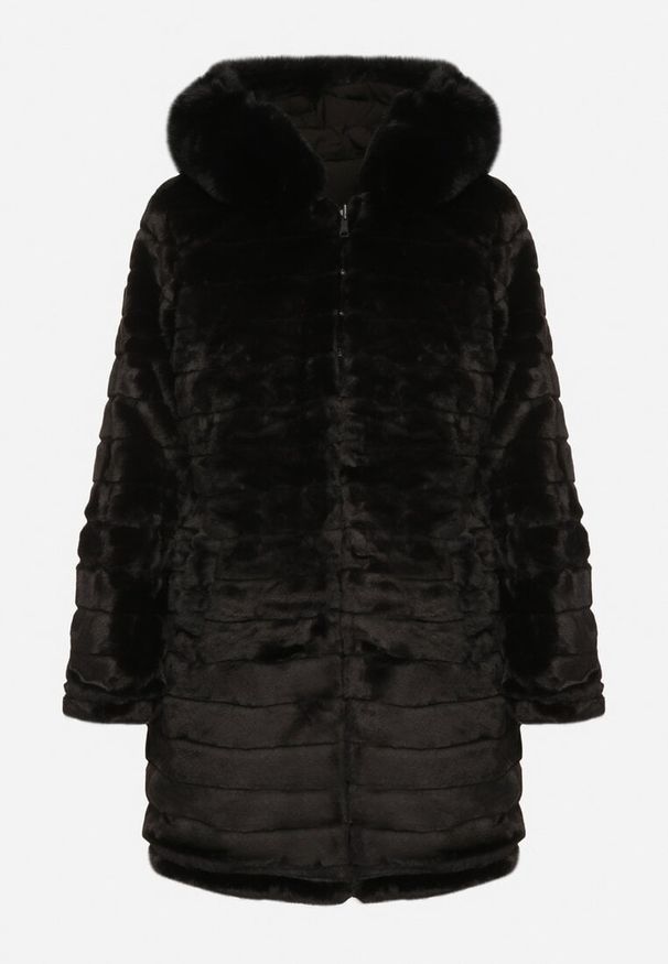 Born2be - Czarna Dwustronna Kurtka Parka Futerko z Kapturem Alorrise. Okazja: na co dzień. Typ kołnierza: kaptur. Kolor: czarny. Materiał: futro. Wzór: gładki. Styl: casual, elegancki