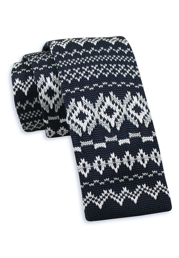 Granatowo-Biały Dziergany, Męski Krawat Knit, 5,5 cm -Alties- Wzór Norweski, Świąteczny. Kolor: niebieski. Materiał: poliester. Styl: wizytowy