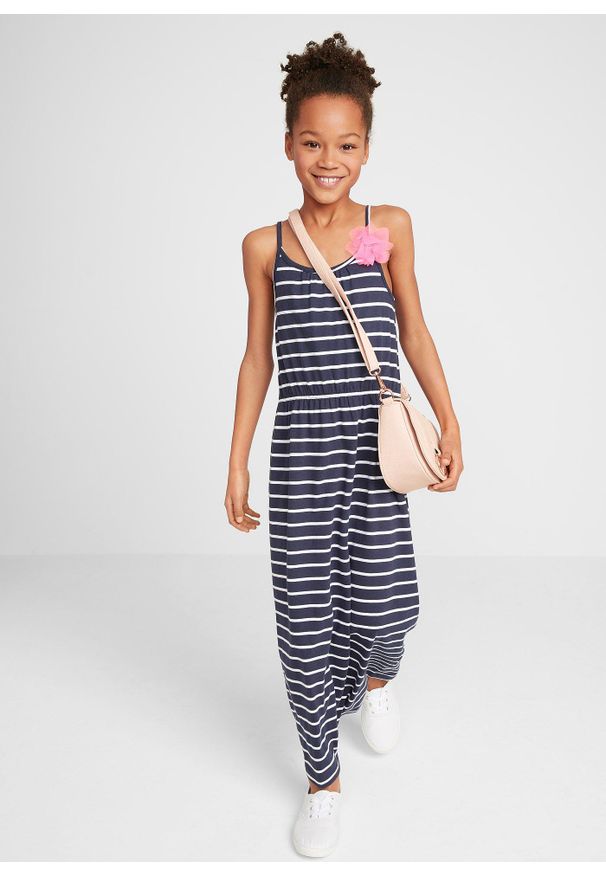 bonprix - Długa sukienka dziewczęca z kwiatkiem, z bawełny organicznej. Kolor: niebieski. Materiał: bawełna. Długość rękawa: na ramiączkach. Wzór: kwiaty. Długość: maxi