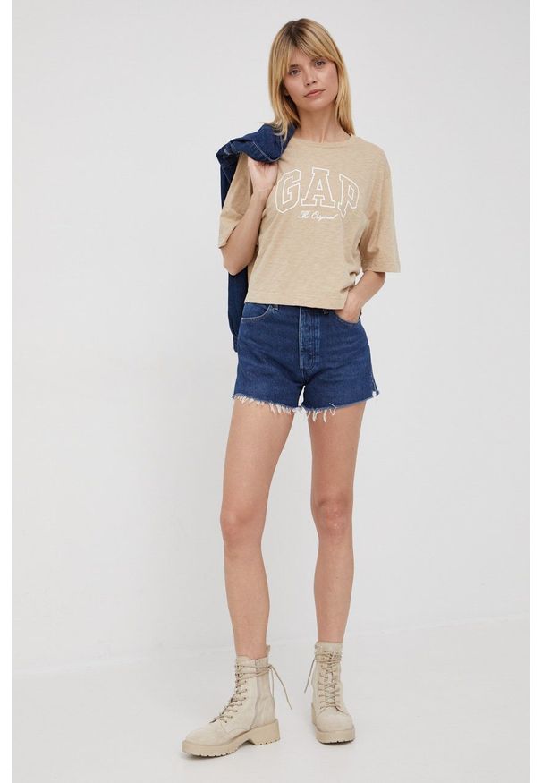 Wrangler szorty jeansowe damskie kolor granatowy gładkie high waist. Stan: podwyższony. Kolor: niebieski. Materiał: jeans. Wzór: gładki. Styl: klasyczny