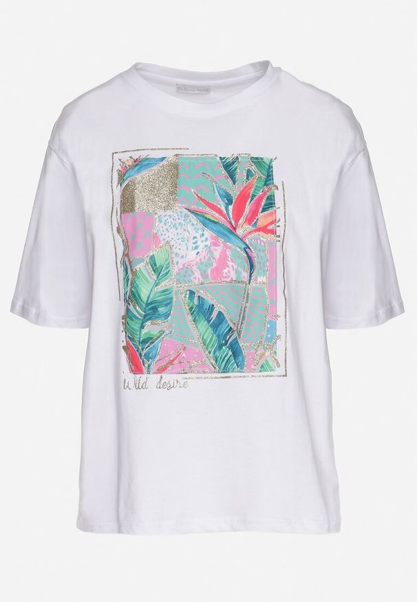 Born2be - Biały Bawełniany T-shirt z Ozdobnym Nadrukiem Delmari. Okazja: na co dzień, na spacer. Kolor: biały. Materiał: bawełna. Wzór: nadruk. Styl: klasyczny, casual