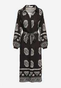 Born2be - Czarna Koszulowa Sukienka Ozdobiona Ornamentalnym Wzorem z Wiązanym Paskiem Roriola. Okazja: na co dzień, do pracy. Kolor: czarny. Materiał: wiskoza, tkanina, skóra. Wzór: aplikacja. Typ sukienki: koszulowe. Styl: casual, elegancki, klasyczny #5