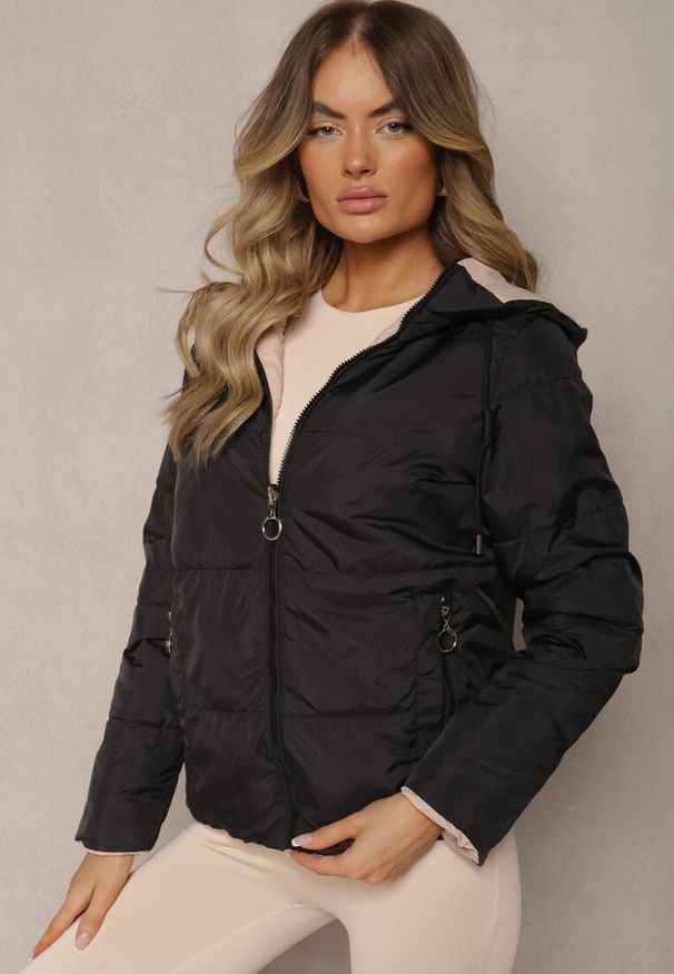 Renee - Beżowa Pikowana Kurtka Dwustronna Wykończona Sznurkami Atitoria. Okazja: na co dzień. Kolor: beżowy. Materiał: jeans. Styl: casual, klasyczny
