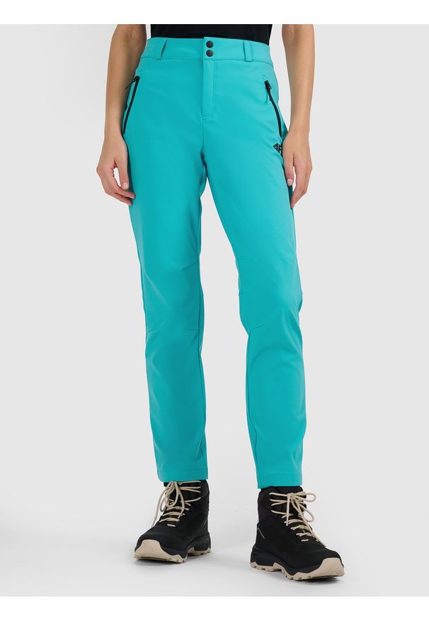 4f - 4F Spodnie trekkingowe softshell membrana 10000 damskie - turkusowe M. Stan: podwyższony. Kolor: turkusowy. Materiał: softshell. Technologia: Primaloft. Sport: wspinaczka, turystyka piesza
