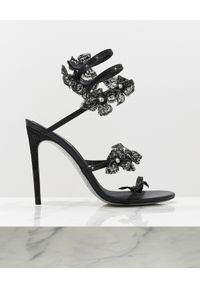 RENE CAOVILLA - Czarne sandały z aplikacjami Floriane. Nosek buta: okrągły. Kolor: szary. Materiał: zamsz. Wzór: aplikacja. Obcas: na obcasie. Wysokość obcasa: średni #5