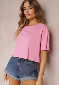 Renee - Różowy T-shirt o Fasonie Cropped Oversize Brighta. Kolor: różowy. Materiał: jeans