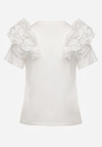 Renee - Biały T-shirt z Bawełny Ozdobiony Bufiastymi Falbankami Kandrra. Typ kołnierza: kołnierz z falbankami. Kolor: biały. Materiał: bawełna. Wzór: aplikacja #7
