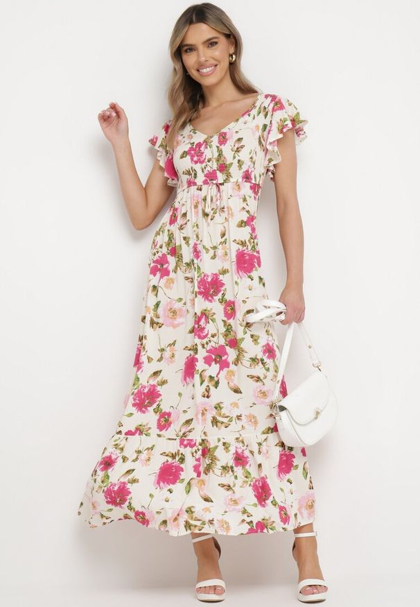 Born2be - Jasnobeżowa Rozkloszowana Sukienka Maxi z Wiskozy w Kwiatowy Print Unadis. Kolor: beżowy. Materiał: wiskoza. Wzór: nadruk, kwiaty. Sezon: lato. Długość: maxi