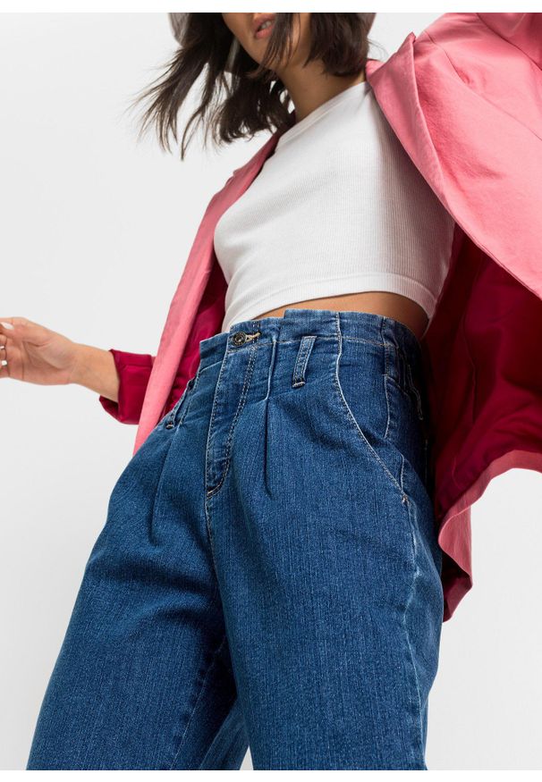 bonprix - Dżinsy Mom, high waist, ze stretchem. Stan: podwyższony. Kolor: niebieski