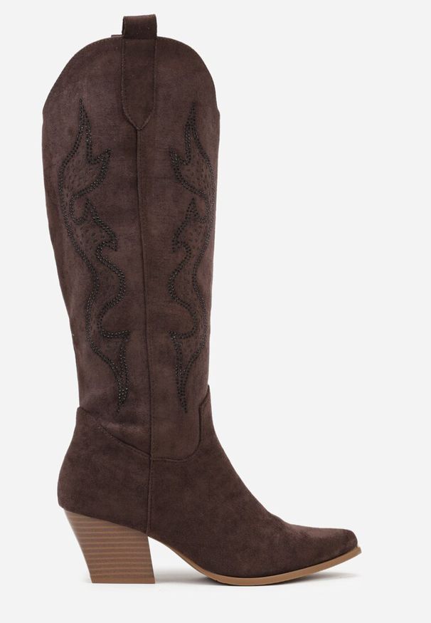 Renee - Brązowe Kozaki Kowbojki na Stożkowym Obcasie Zdobione Cyrkoniami Nalasania. Kolor: brązowy. Materiał: skóra, satyna, koronka. Wzór: aplikacja. Obcas: na obcasie. Styl: elegancki. Wysokość obcasa: średni